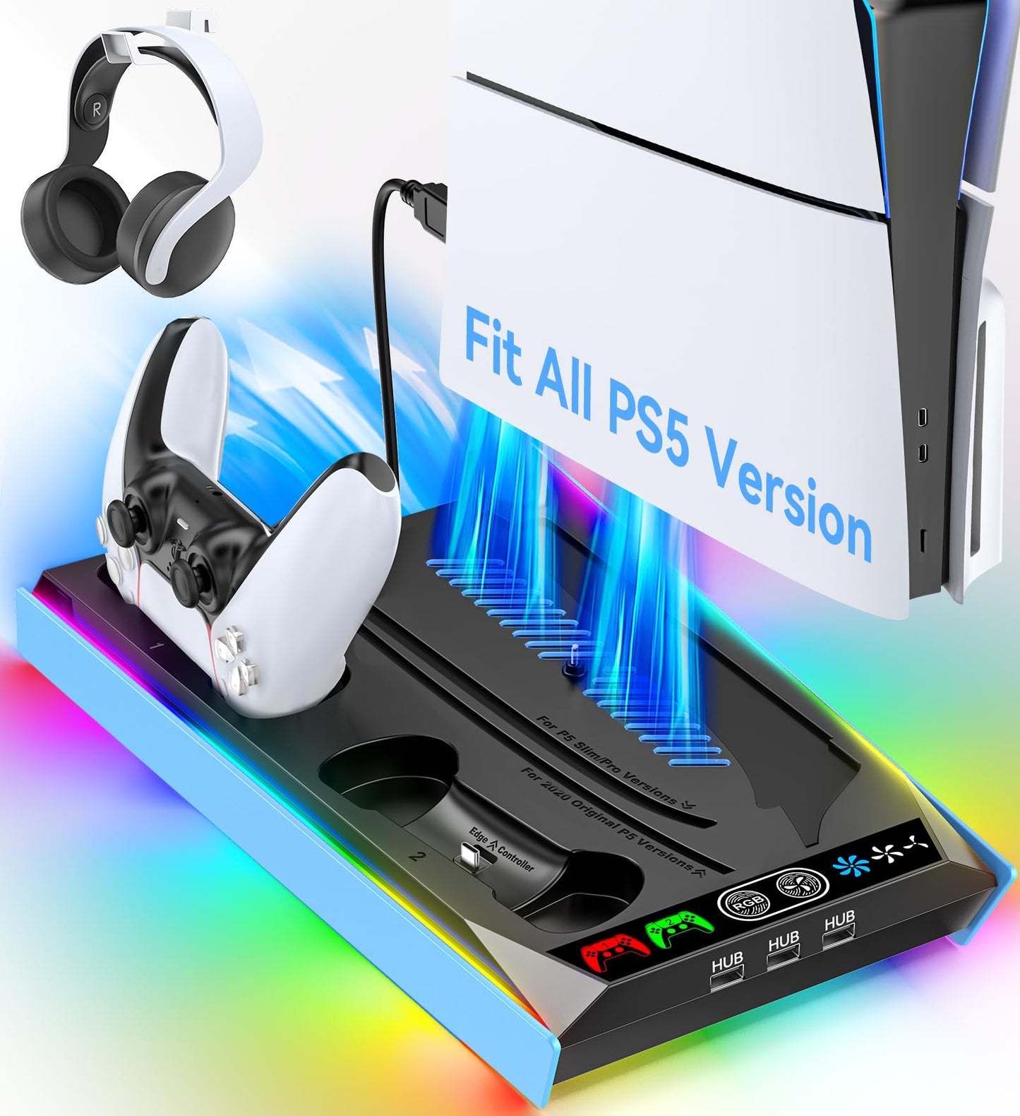 PS5/Slim/Pro Stand for Disc & Digital Console, PS5 Cooling & Charging Station with RGB Ambient Lighting, PS5 Controller Charger Built-in 3 Level Fan, PS5/Slim/Pro Accessories Comes 3 USB Ports
