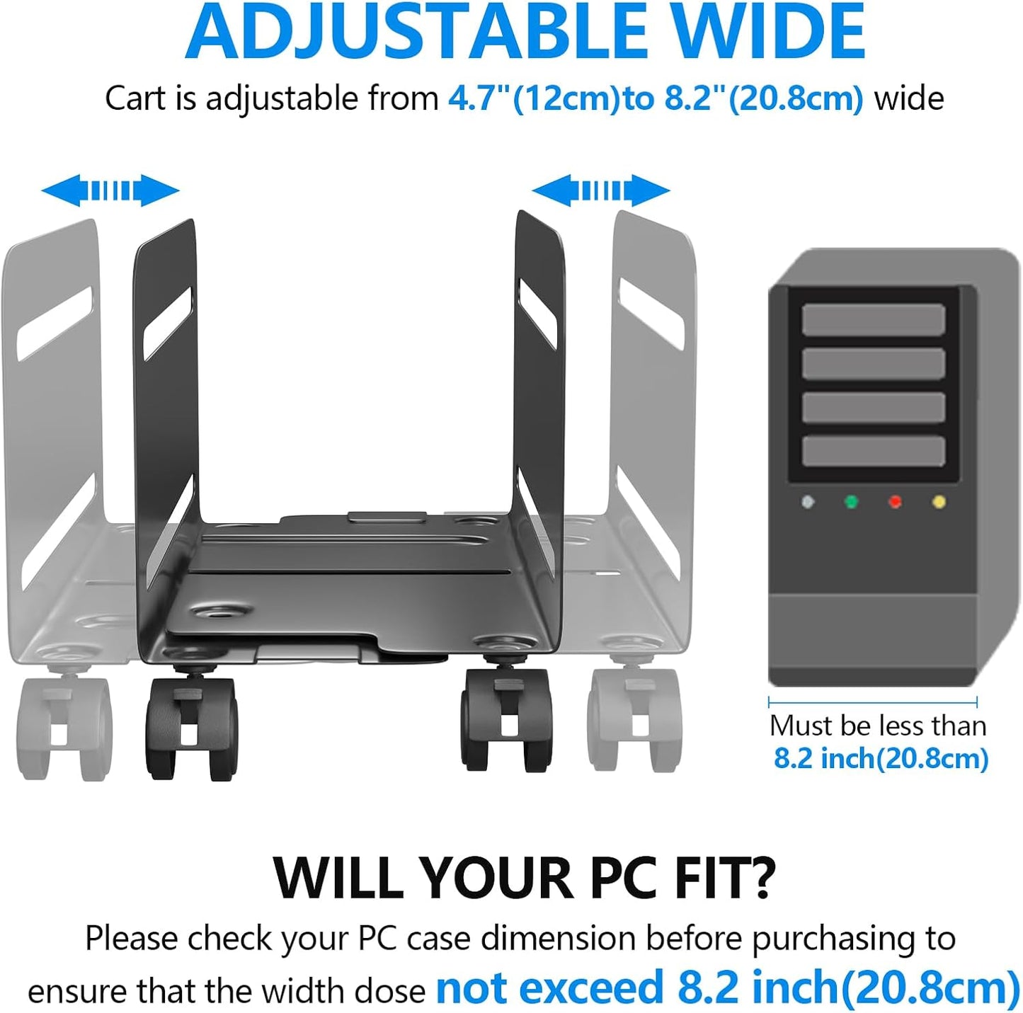AGPTEK CPU Stand, Computer Tower Stand Adjustable Width from 4.7" to 8.2" with 2 Locking Wheels and 2 Caster Wheels, UPC Steel Rolling Stand Computer Stand for Desktop Tower (Black)