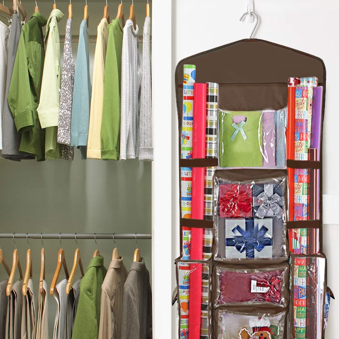 ProPik Hanging Double Sided Wrapping Paper Storage Organizer with Multiple Pockets, Organize your Gift Wrap, Gift Bags, Bows, Ribbons 40"X17" Fits 40 Inch Rolls Clear PVC Bag (Brown)