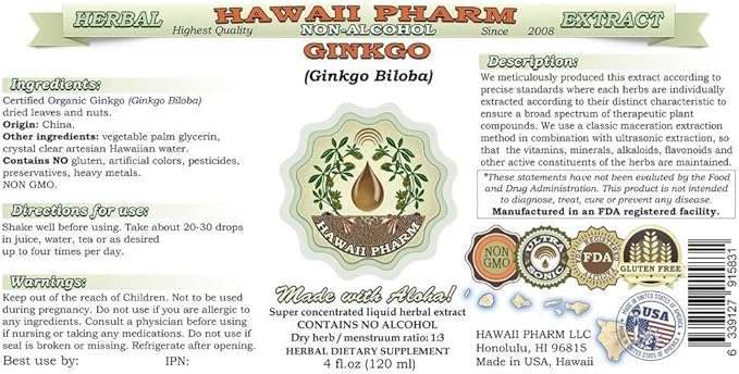 Ginkgo Alcohol-Free Liquid Extract, Organic Ginkgo (Ginkgo Biloba) Dried Leaf Glycerite Hawaii Pharm Natural Herbal Supplement 4x4 oz