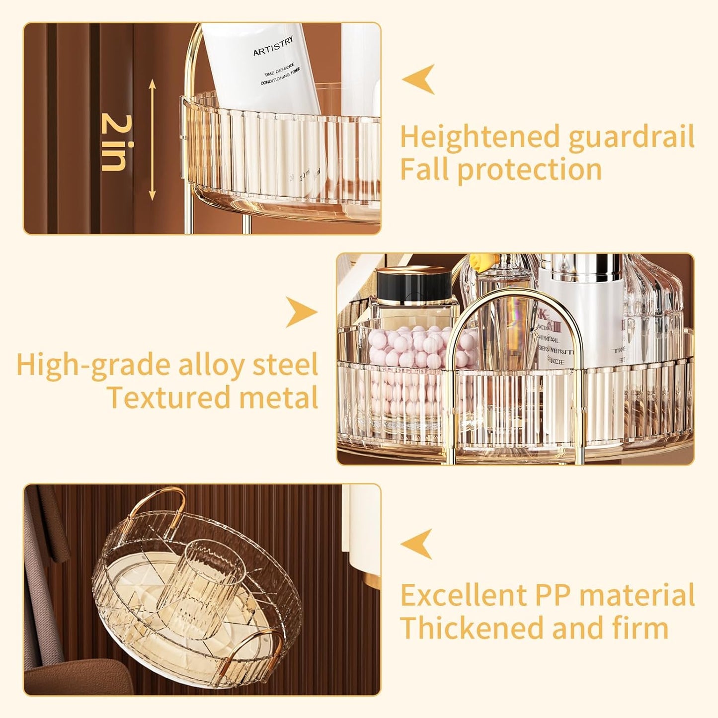 360° Rotating Makeup Organizer, Large-Capacity Skincare Make Up Storage 3 Tier Perfume Organizers Cosmetic Dresser Organizer with Makeup Brush Holder, Fits Bedroom, Bathroom, Vanity Shelf Countertop