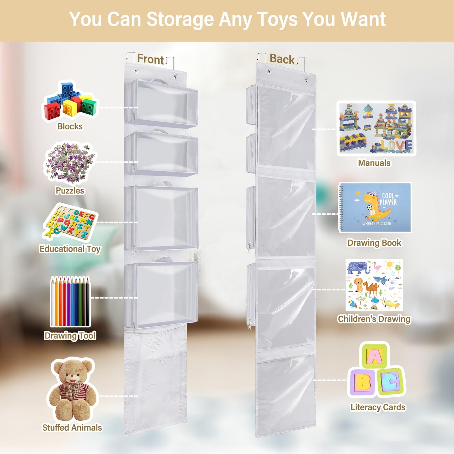 Woodoulogy Hanging Toy Storage over Door, Block Stuffed Animal Organizer Idea with 4 Removable Case Bag, Bi-Fold Closet Holder with Mesh Pocket for Kid Boy Girl