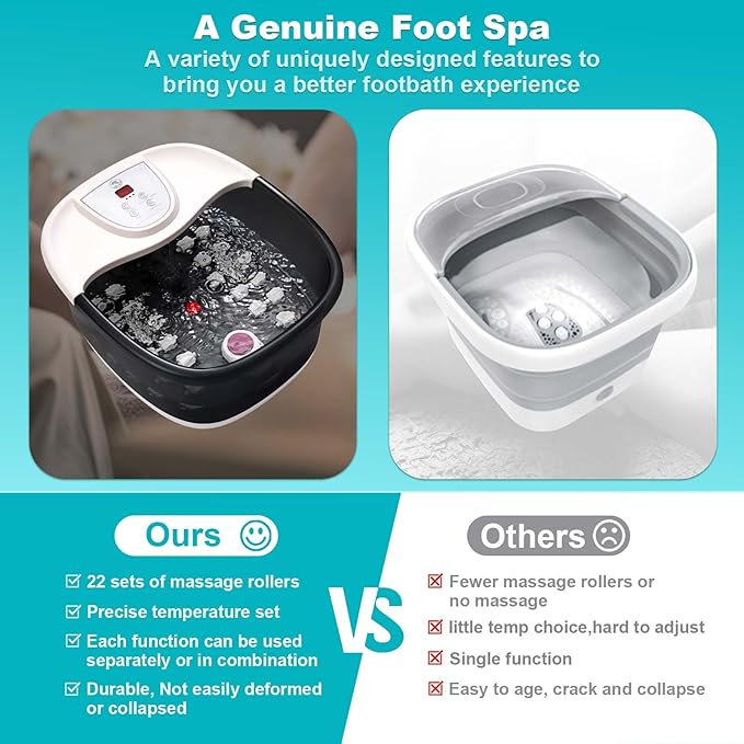Foot Spa Bath Massager with Heat [2025 Upgraded], Jets, Vibration, Adjustable Temp, Bubbles, Epsom Salt, Foot Soaking Tub with 22 Massage Rollers, Pedicure Foot Spa for Relaxation, Black