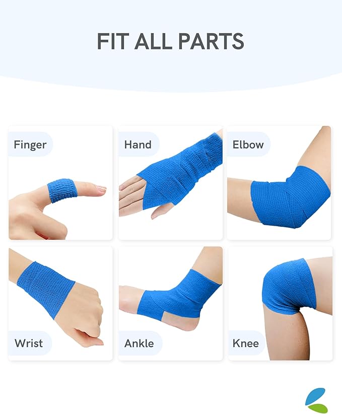 FriCARE Self Adhesive Bandage Wrap, Medical Tape in First Aid Kit, Cohesive Bandages for Wounds Sport Vet, FSA/HSA Eligible, 2 Inches X 5 Yards 6 Rolls, Blue