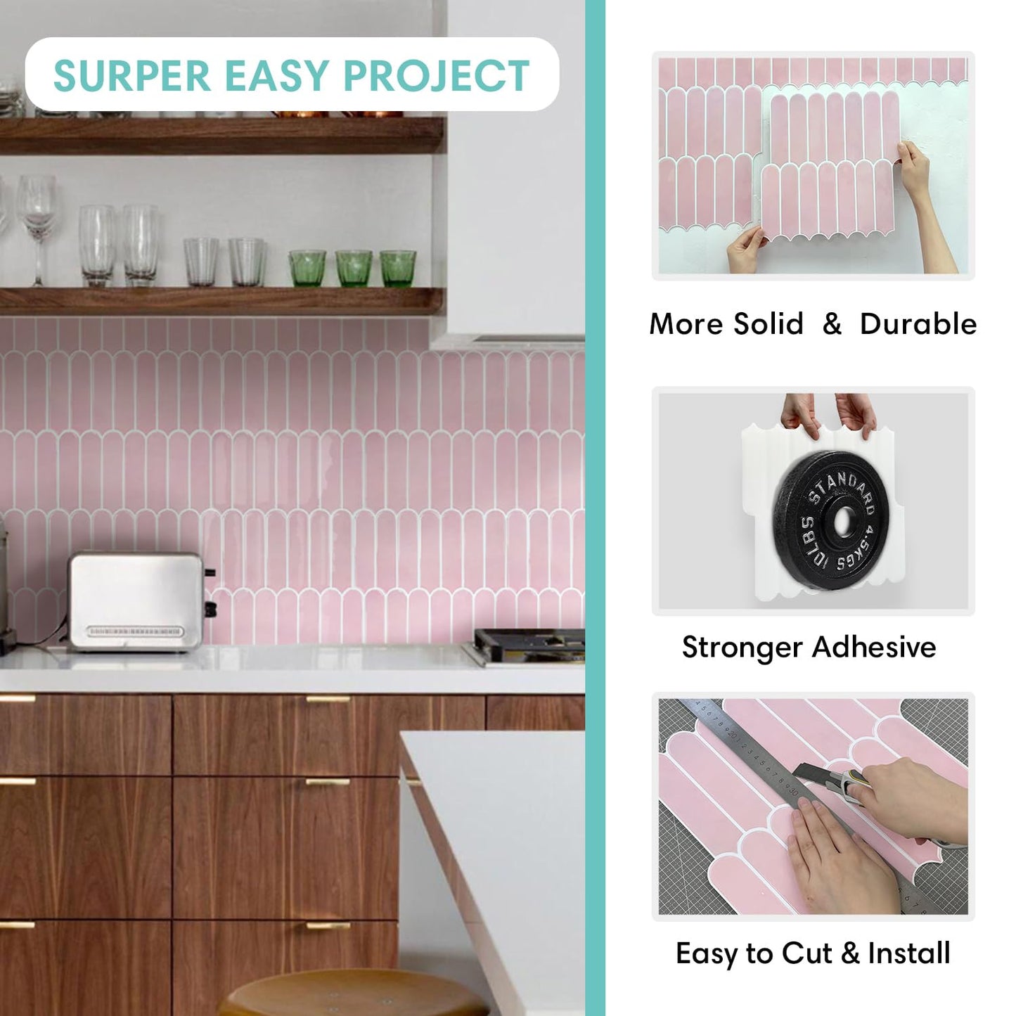 Commomy Thicker Pink Peel and Stick Backsplash - 10 pcs of 12" x 12" - 3D Adhesive Peel and Stick Tiles Backsplash for Kitchen, Bathroom, Removable, Waterproof, Vinyl Wall Tile