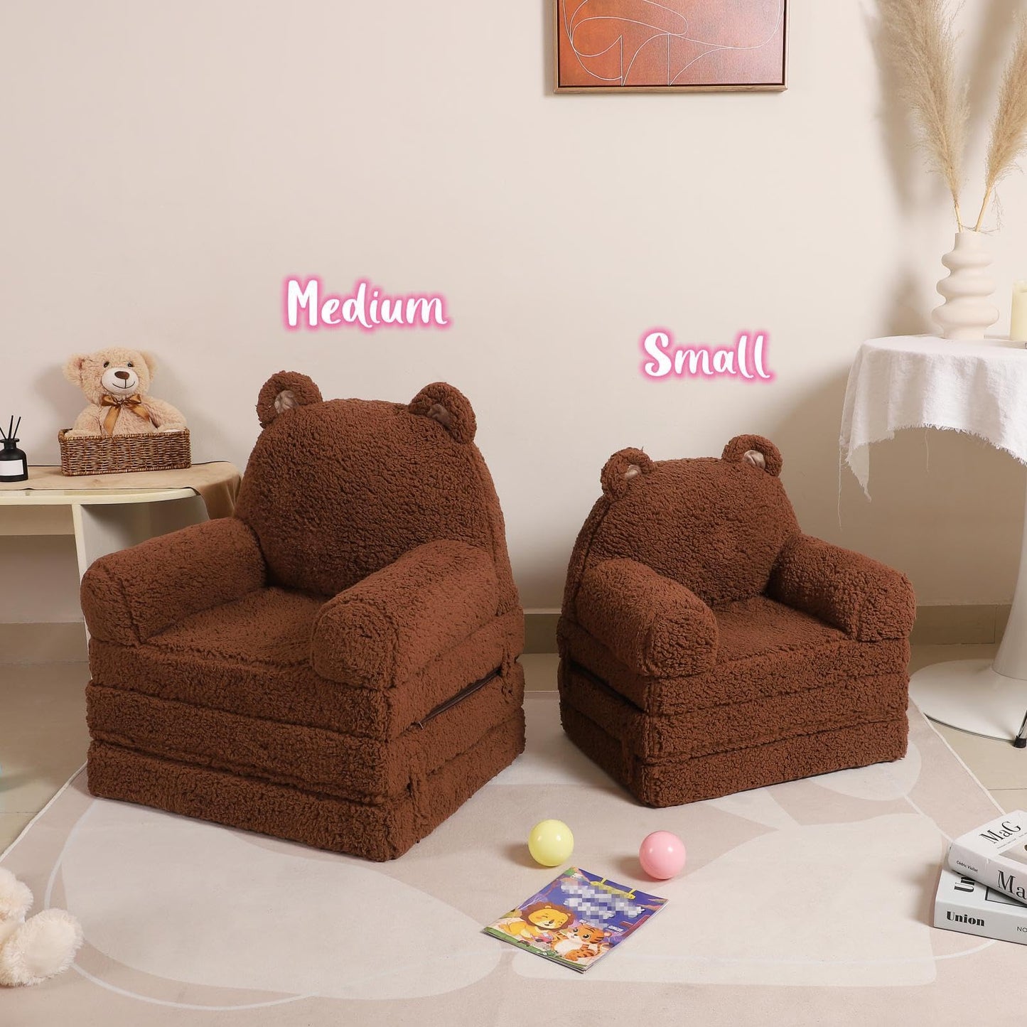 MOMCAYWEX Foldable Kids Sofa, Sherpa Teddy Bear Toddler Couch with Tri Folding Foam Cushions, Comfy Couch for Kids Age 18 Months and Up