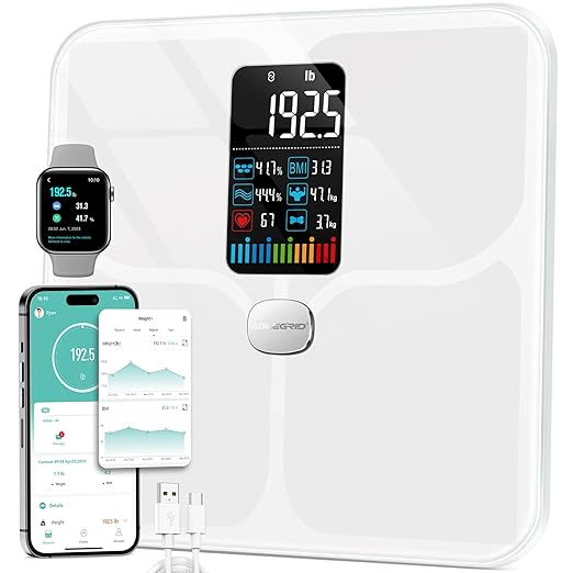 ABLEGRID Body Fat Scale,Digital Smart Bathroom Scale for Body Weight, Large Color Display Screen, 16 Body Composition Metrics BMI, Water Weigh, Heart Rate, Baby Mode, 400lb, Rechargeable (White)