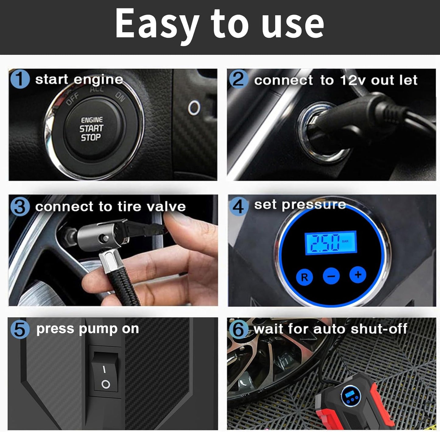 Digital Air Compressor for Car Auto Pump Portable Tire Inflator with LED Light DC 12V, Red