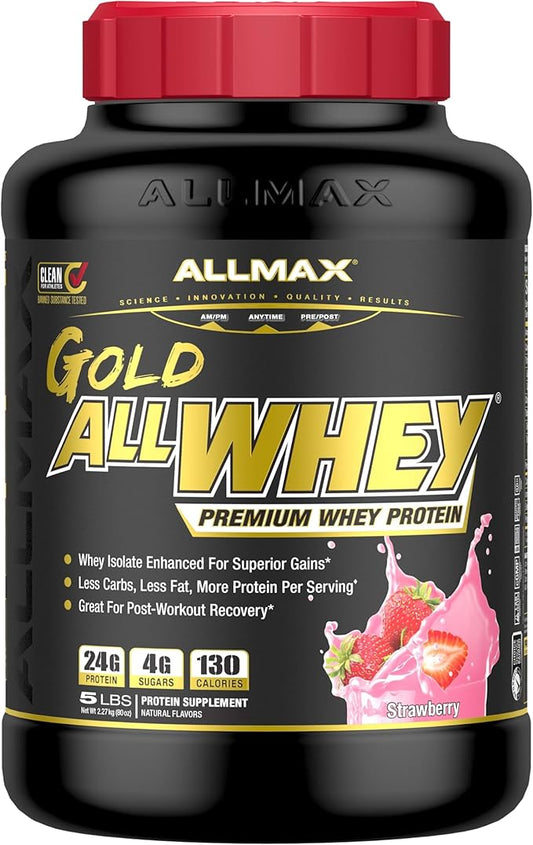 ALLMAX Nutrition - Gold ALLWHEY Protein Powder, Whey Protein Blend for Strength and Muscle Gains, Post Workout Recovery, Gluten Free, 24 Grams of Protein, Strawberry, 5 Pound