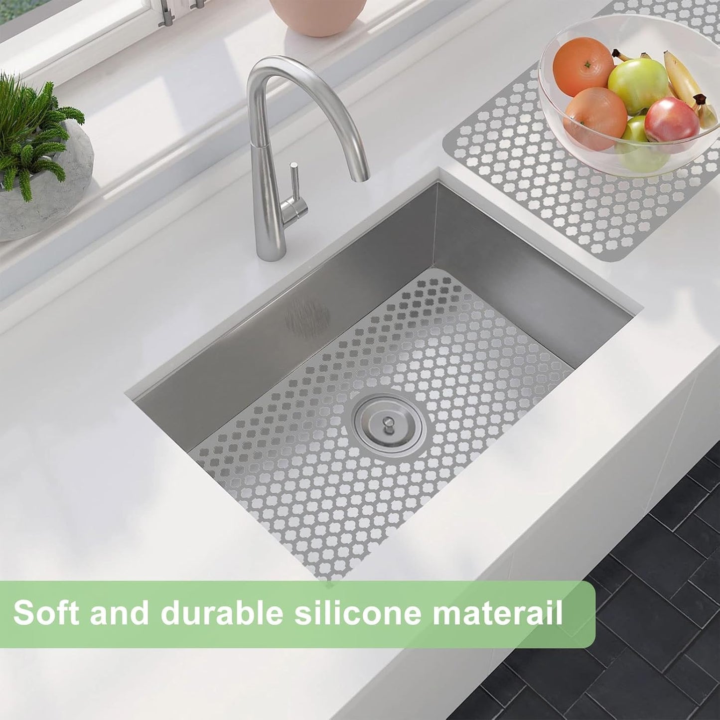 Kitchen Sink Protectors, 24x12 Heat Resistant Mat for Stainless/Porcelain Sink, No-Slip Grid (Grey)