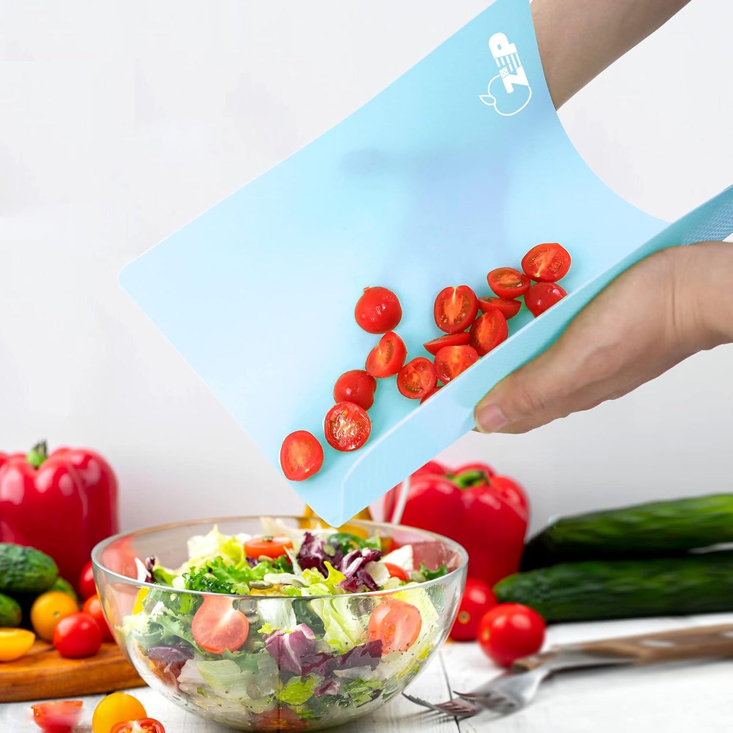 ZVP Flexible Plastic Cutting Board Set of 3 Gradient Color, Colorful Chopping Boards, BPA Free Mats, Non Slip, Dishwasher Safe, 15×12 Inch, Blue Multi-Color