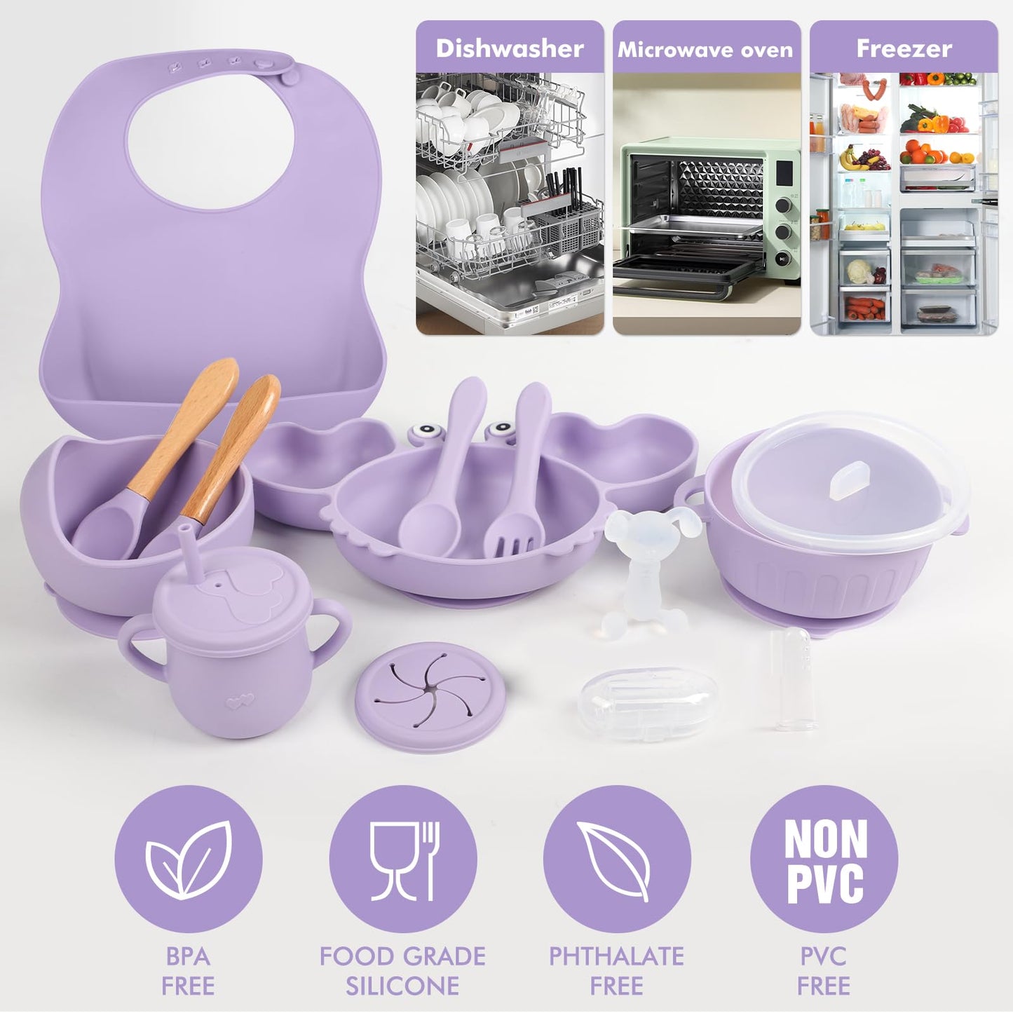 mraisebossup Silicone Baby Feeding Set 15 Pcs，Baby Spoons Suction Bowl Divided Plate Bib Cup Finger Brush Teething Teether Training cups,Baby Led Weaning Supplies（purple）