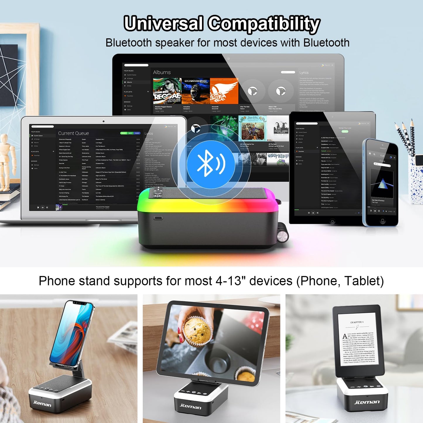 Gifts for Men Women, Cell Phone Stand with Bluetooth Speaker and Light, Portable Lanyard, Cool Tech Gifts for Dad Mom Husband, Unique Birthday Gift Ideas Black