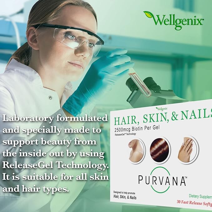 Wellgenix Purvana Hair, Skin, and Nails Vitamin - 2500mcg Biotin, Folic Acid, DMAE, Grape Seed Extract - One a Day Softgels - PCOS & Postpartum Hair Loss Support - (30 Count)