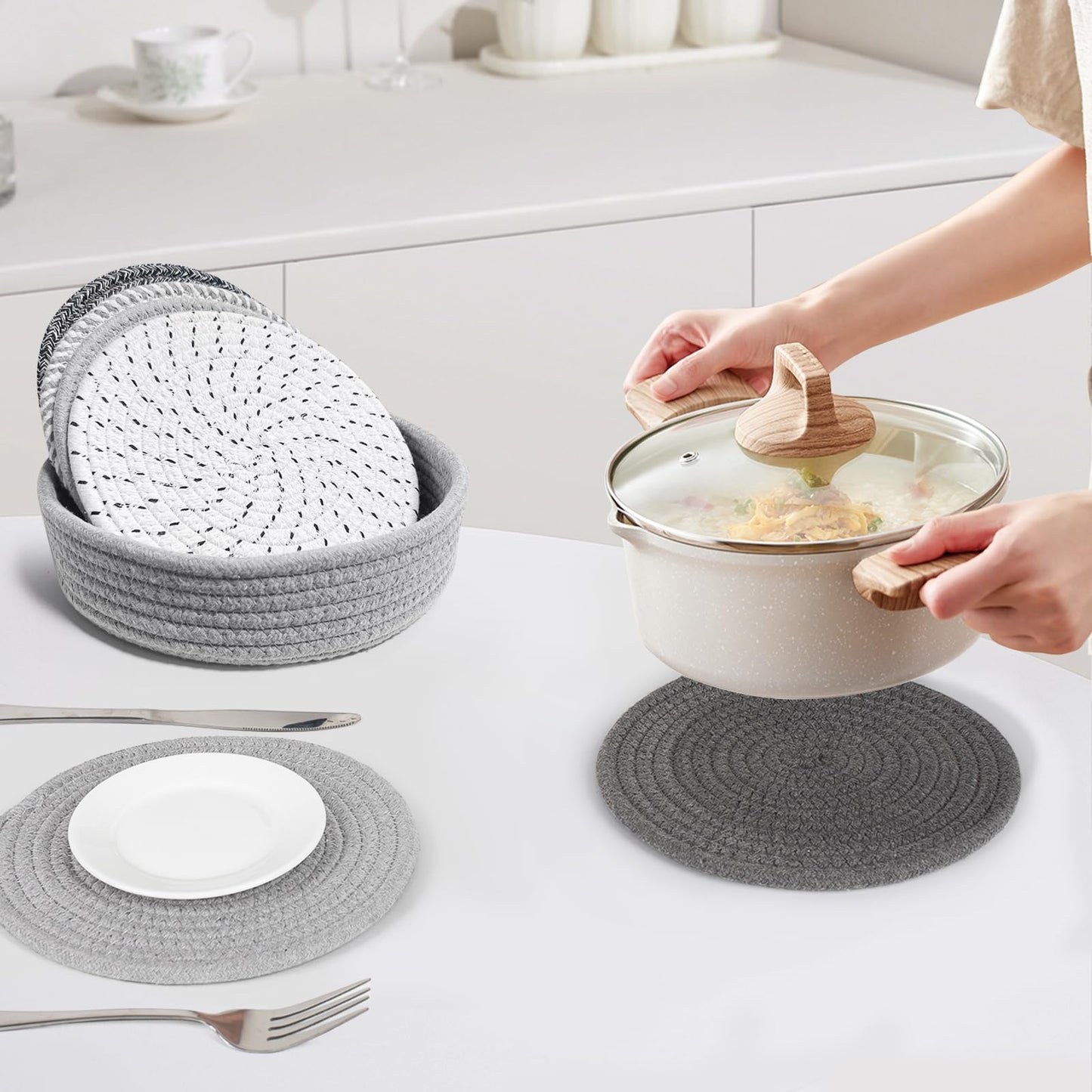 8" Trivets for Hot Dishes, Hot pots and Pans,6 Heat Resistant Hot Pads and Storage Basket 1 Pack,Pot Holders for Kitchen, Hot Plate Mats for Kitchen Countertops