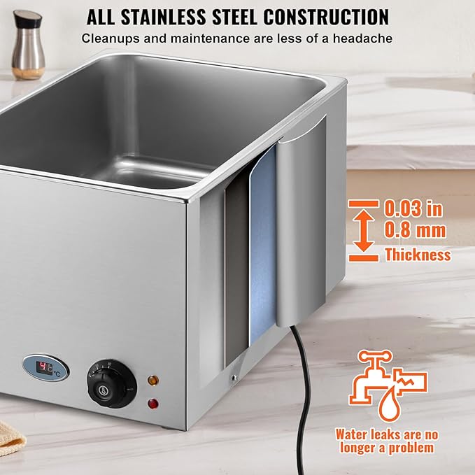 VEVOR Commercial Food Warmer 24QT Bain Marie 1200W Electric Buffet Steam Table - Countertop Stainless Steel for Wet or Dry Use - Parties, Catering and Restaurant