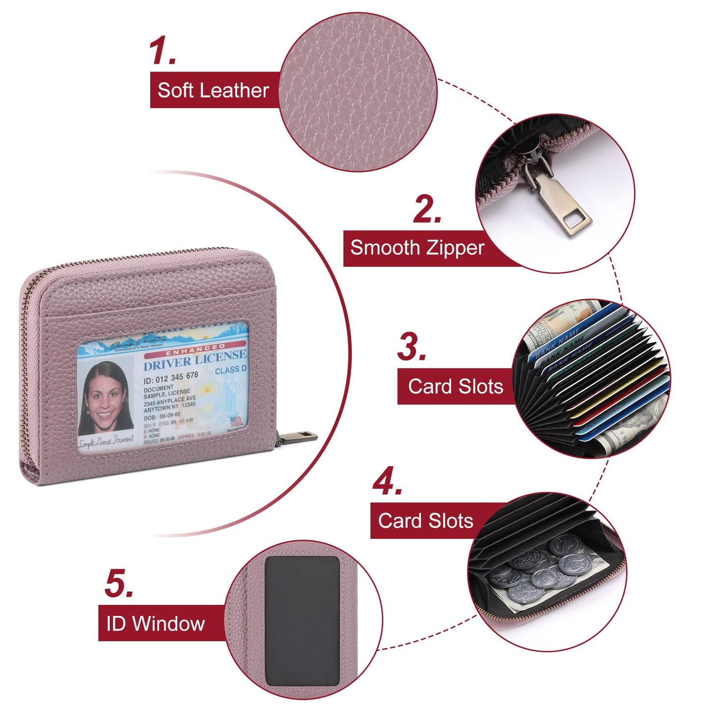 SENDEFN Leather Wallet Women RFID Blocking Small Compact Wallets Credit Card Holder with ID Window