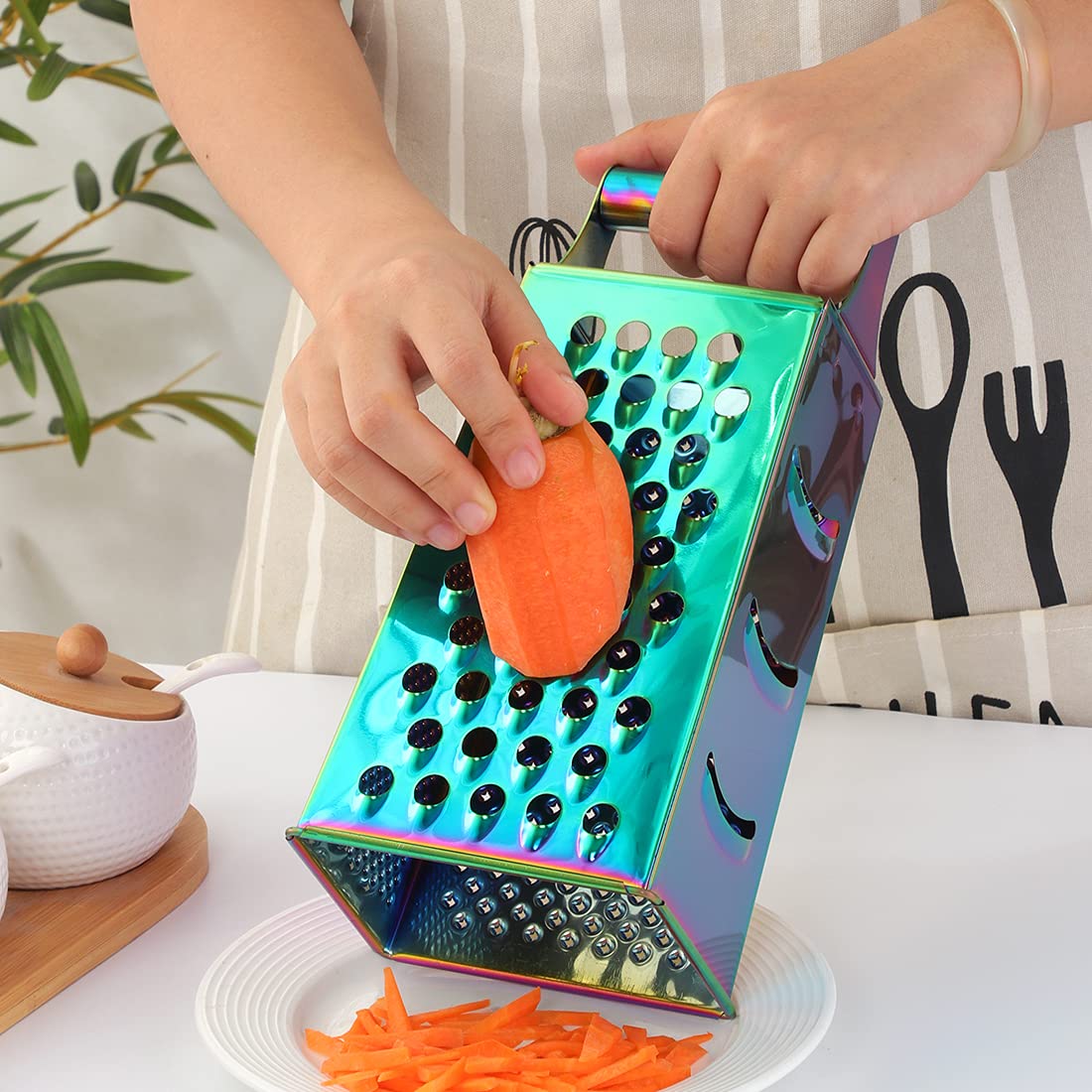 Rainbow Cheese Grater Handheld Grater for Kitchen, Stainless Steel 4 Sided Cheese Grater with Handle for Grinding Shredding & Slicing, Dishwasher Safe
