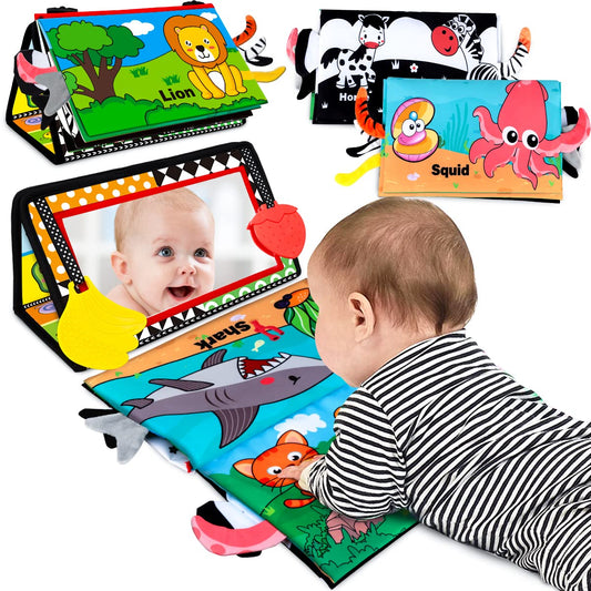 Aboosam Baby Toys 0-6 Months - Tummy Time Mirror Toys with Cloth Books Teethers - High Contrast Newborn Toy 0-3 Months - Montessori Sensory Infant Toy for Babies 2 4 5 Month Boys Girls