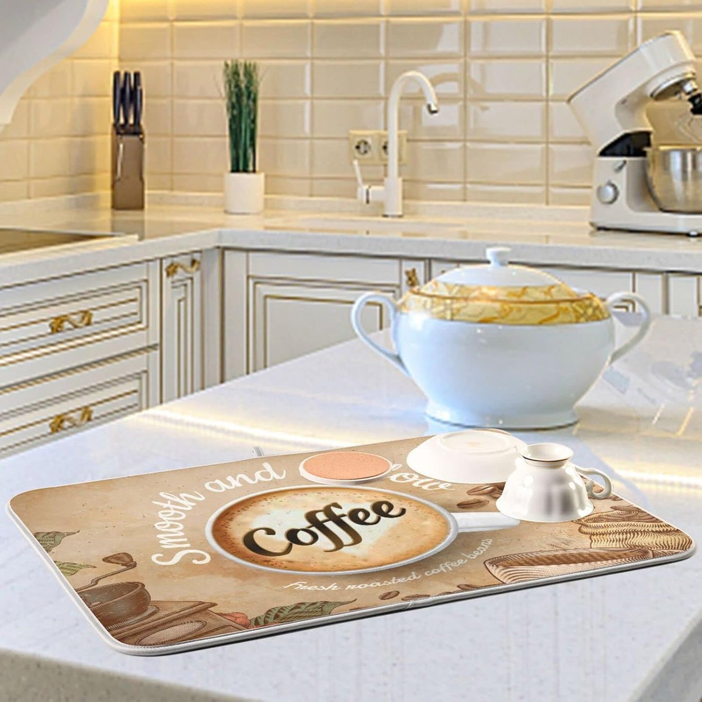 senya Super Absorbent Dish Drying Mat, Microfiber Fast-Drying 24'' x 18'', Kitchen Pad, Coffee Cup Retro Brown