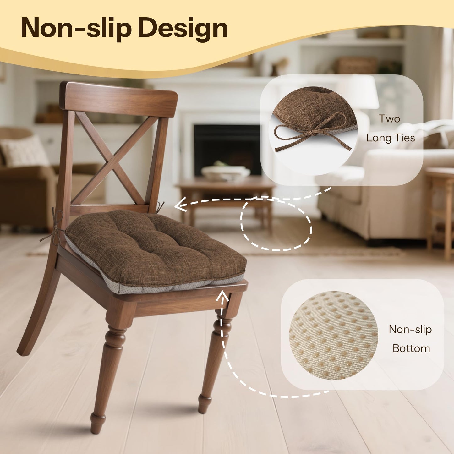 FlyGulls Non Slip Chair Cushions for Dining Chairs Set of 4 Kitchen Chair Cushions 18"x18"x3" Turfted Chair Pads Comfortable and Soft Seat Cushion with Ties, Coffee