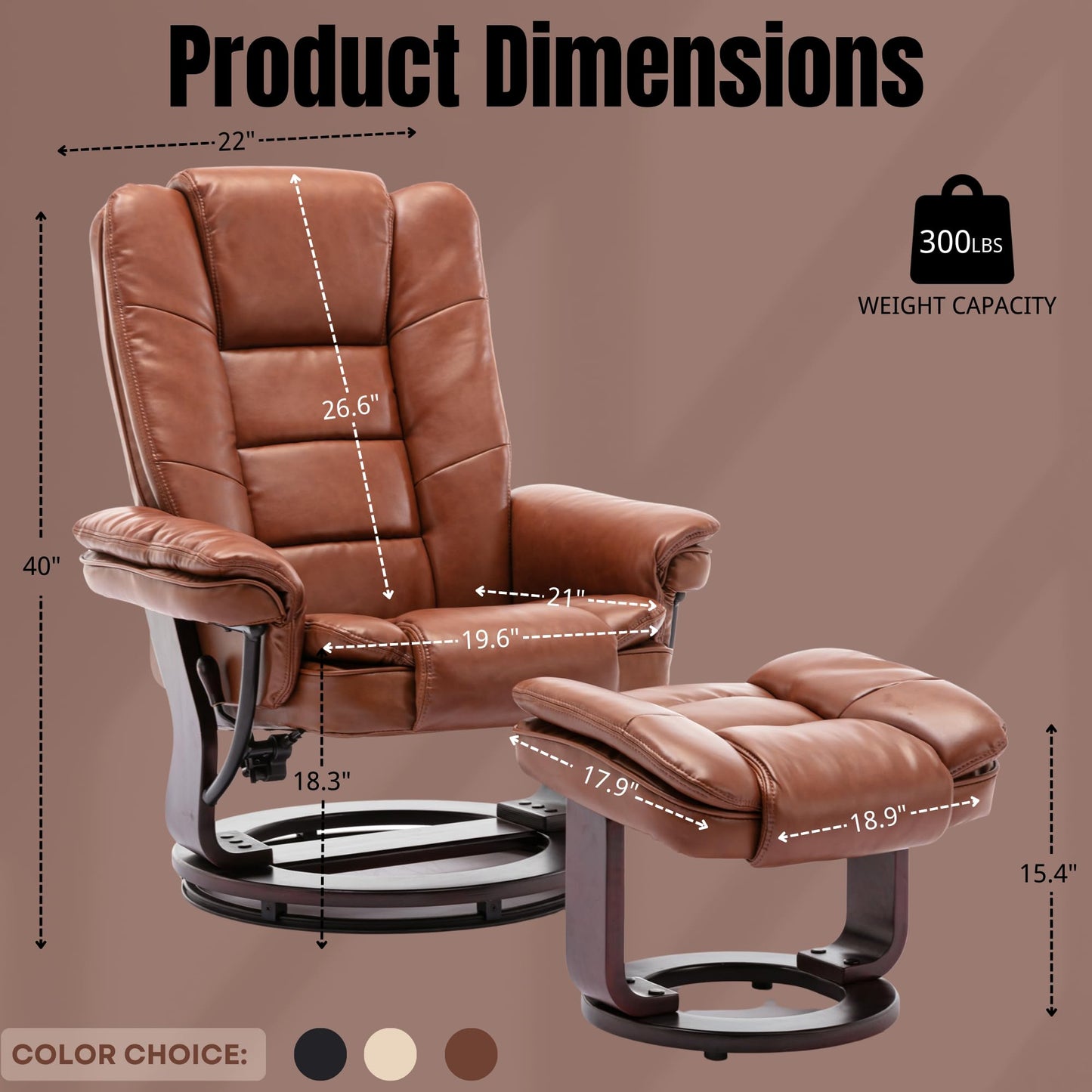 JC Home Argus Swivel Recliner with Ottoman, PU Leather & Wood Base Reclining Chair with Footrest, Ultra-Plush Double Foam for Living Room, Bedroom and Office