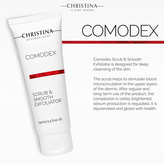 Christina Comodex Scrub & Smooth Face Exfoliator | Fights Oiliness, Visible Pores and Dark Spots | Exfoliate for face Removes Dirt and Oil Residue | Even-Toned Skin Effect 75ml