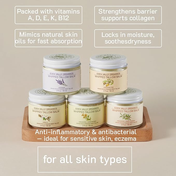 100% Grass-Fed Beef Tallow Whipped Moisturizer – Unscented Natural Skincare with Organic Oils – Vitamins A, D, E, K – For Face, Body, Eczema, Baby & Sensitive Skin, 2oz