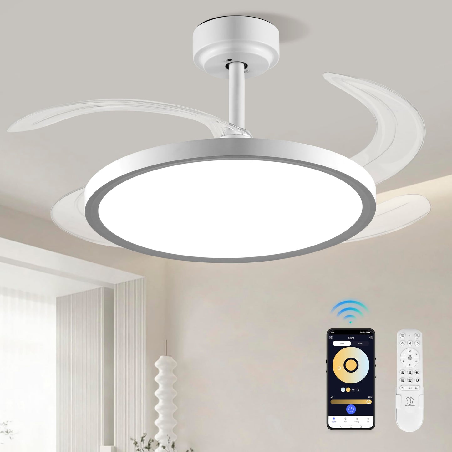 BAYSQUIRREL Slim Retractable Ceiling Fan with Lights and Remote/APP Control, 6 Speed Dimmable Reversible Memory, 42 Inch Modern Silent Smart Fan for Bedroom Living Room Dinning Room