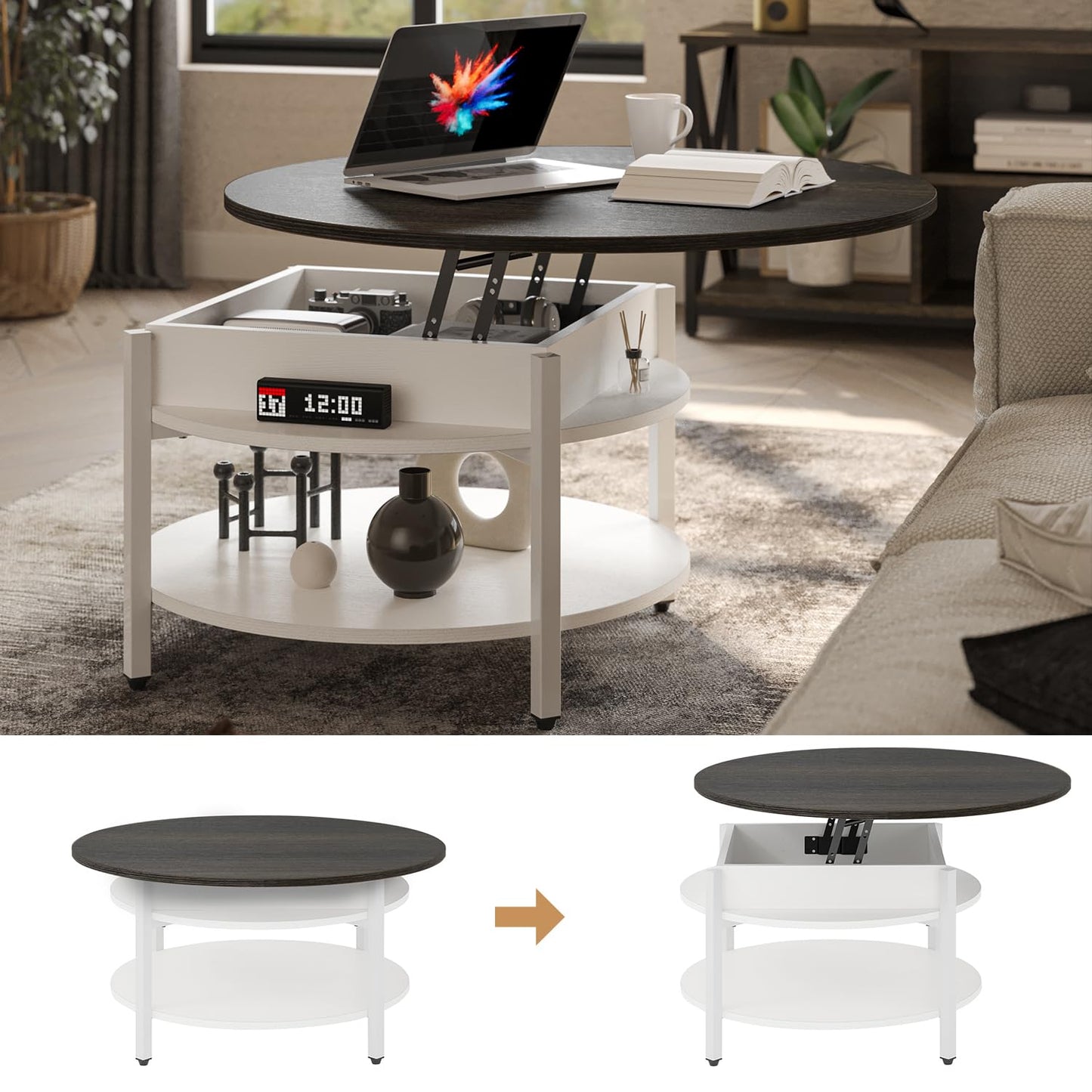FABATO Round Lift Top Coffee Table with Storage and Hidden Compartment, 26.77'' Farmhouse Coffee Table for Living Room Reception Room, 2 Tier Small Round Coffee Table Circle Dining Table, White