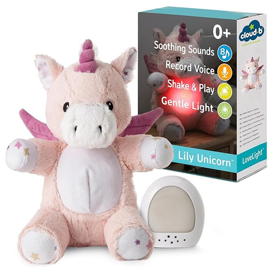 Cloud b Sound Machine with White Noise Soothing Sounds | Cuddly Stuffed Animal & Nomadic Nightlight | Record Parent Voice | Adjustable Settings & Auto-Shutoff | LoveLight™ Buddies - Lily The Unicorn™