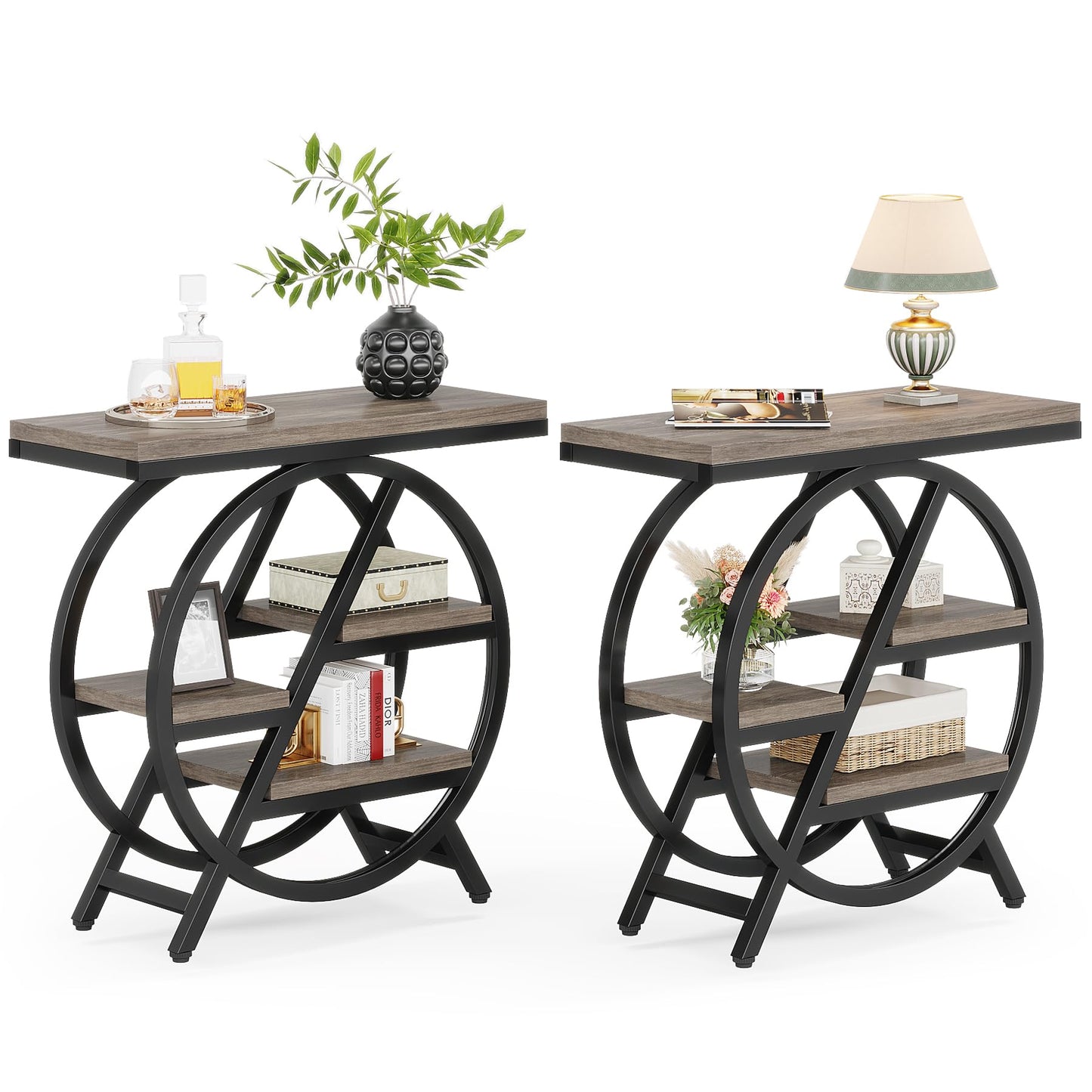 LITTLE TREE End Table, Narrow Side Table with 4-Tier Large Storage Space, Modern Bedside Table for Living Room, Home Office, Bedroom, Set of 2, Grey