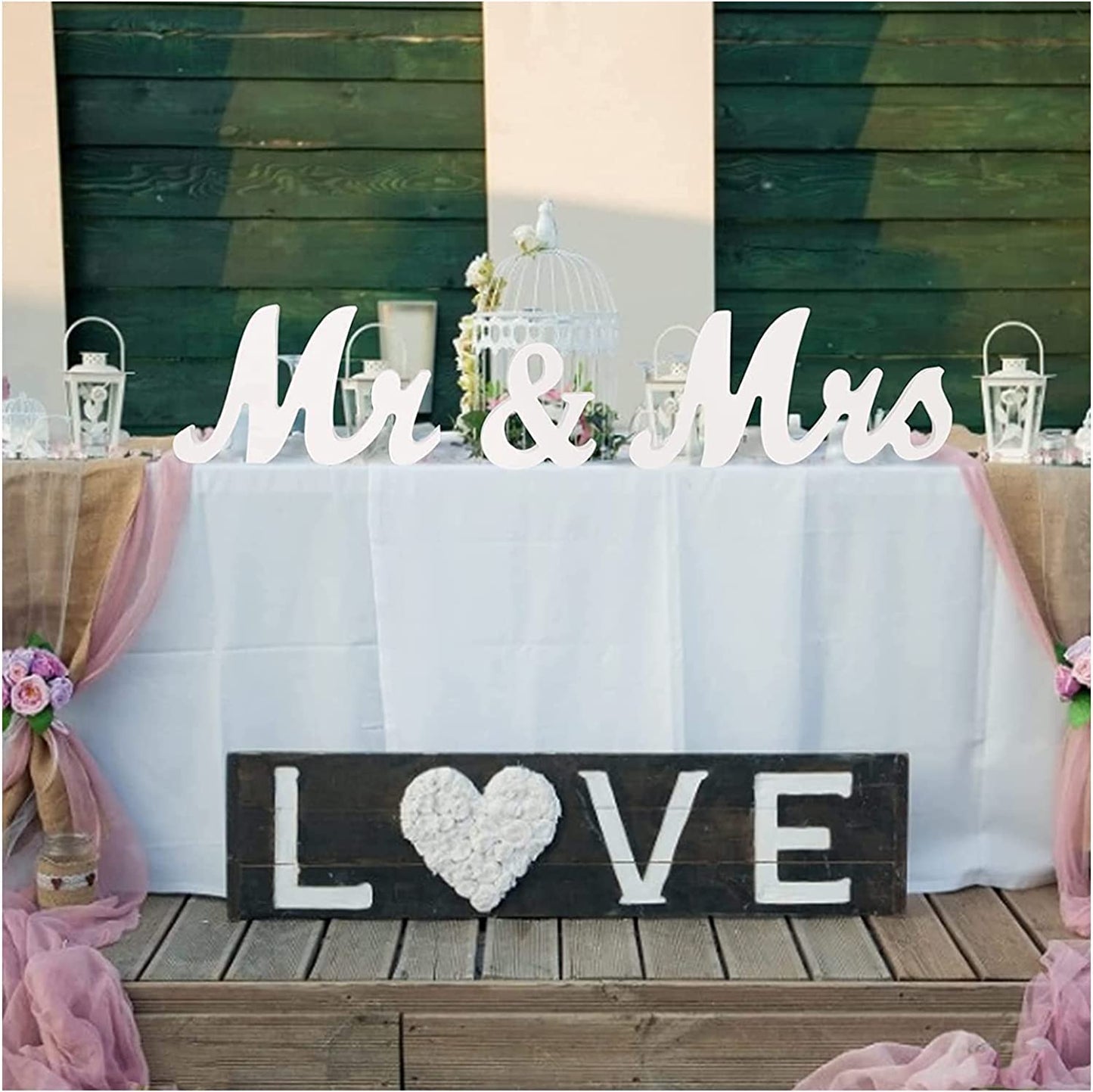 LinTimes Mr and Mrs Sign, Rustic Wooden Freestanding Mr & Mrs Letters Signs, Wedding Table, Photo Props, Party Table, Top Dinner Decorations, Just Married Anniversary Wedding Gifts, White