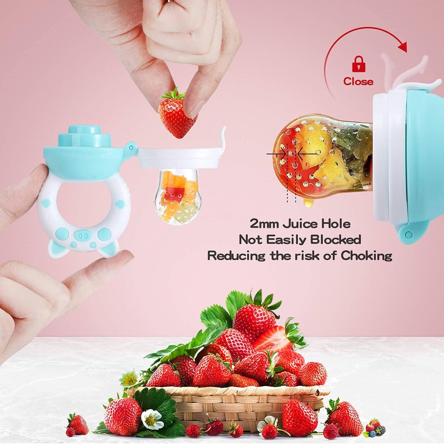 Baby Fruit Food Feeder Pacifier - Fresh Teething Pacifiers, Infant Fruit Teething Teether Toy for 3-24 Months, 6 Pcs Silicone Pouches for Toddlers & Kids & Babies, Piggy Handle 2-Pack (Blue & Gray)