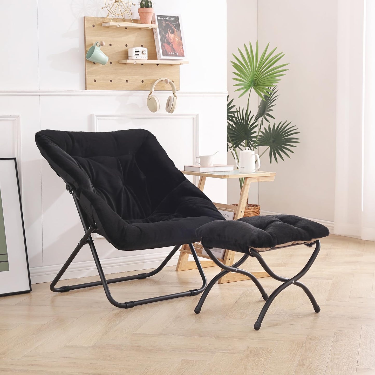 Furlide Oversized Folding Faux Fur Chair with Ottoman, X-Large Soft Saucer Chair, Foldable Metal Frame for Bedroom, Living Room, Balcony (Black)