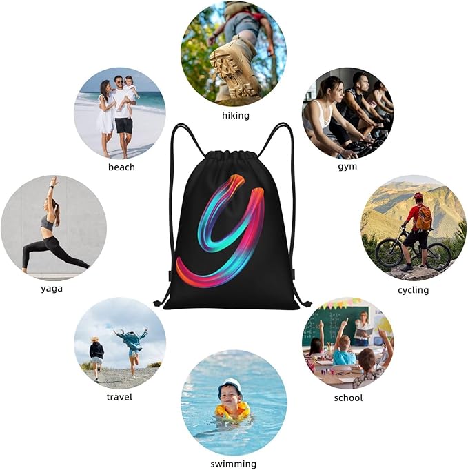 Drawstring Bags Initial Drawstring Backpack Sackpack Black Draw String Cinch Bags for Sports, Gym, Travel, Swimming, Beach, Camping, Rainbow Letter Y
