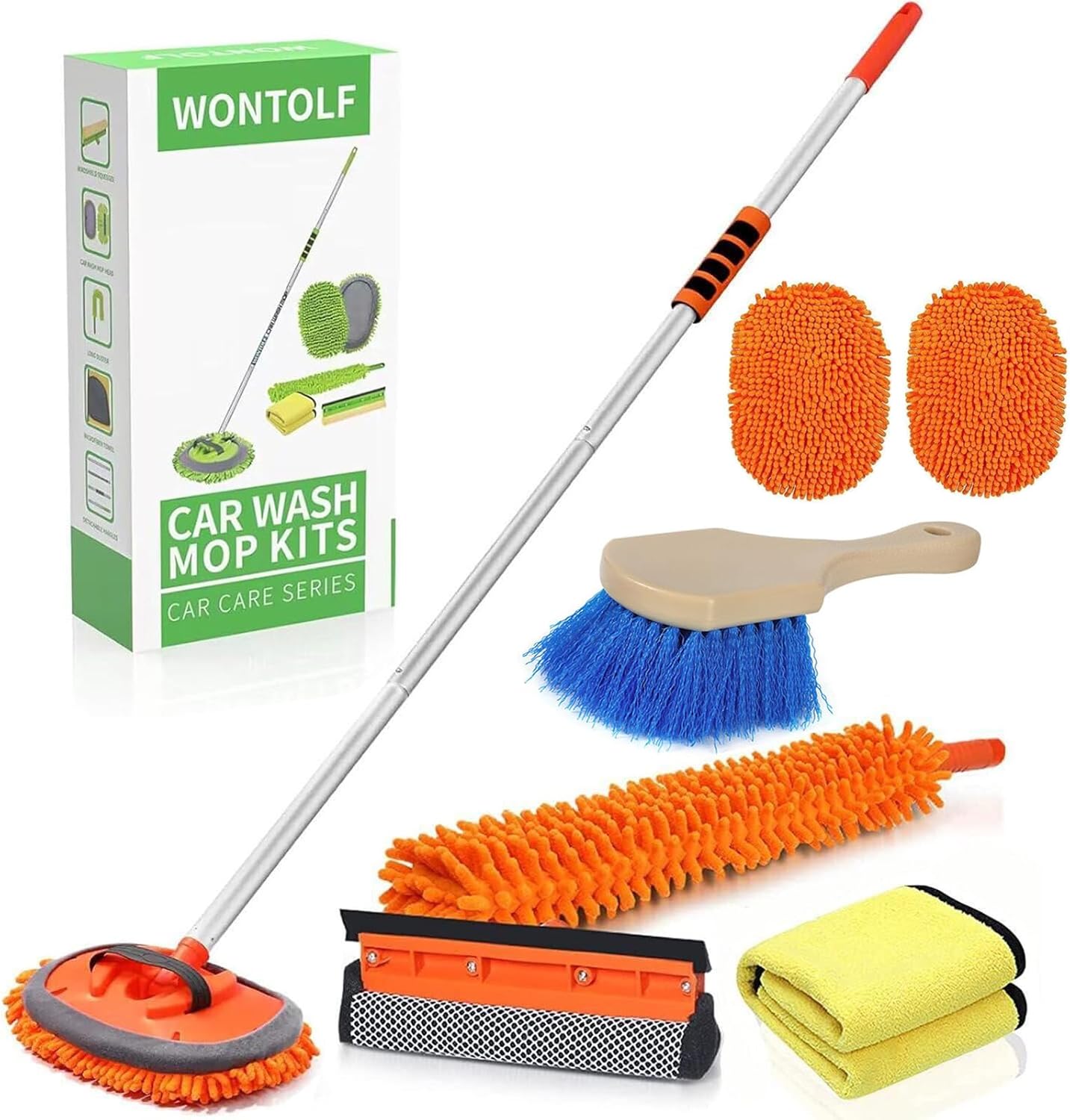 62'' Car Wash Brush with Long Handle Chenille Microfiber Car Wash Mop Mitt Car Cleaning Kit Windshield Window Squeegee Car Duster Microfiber Towels Wheel Tire Brush for Cars RV Truck Boat