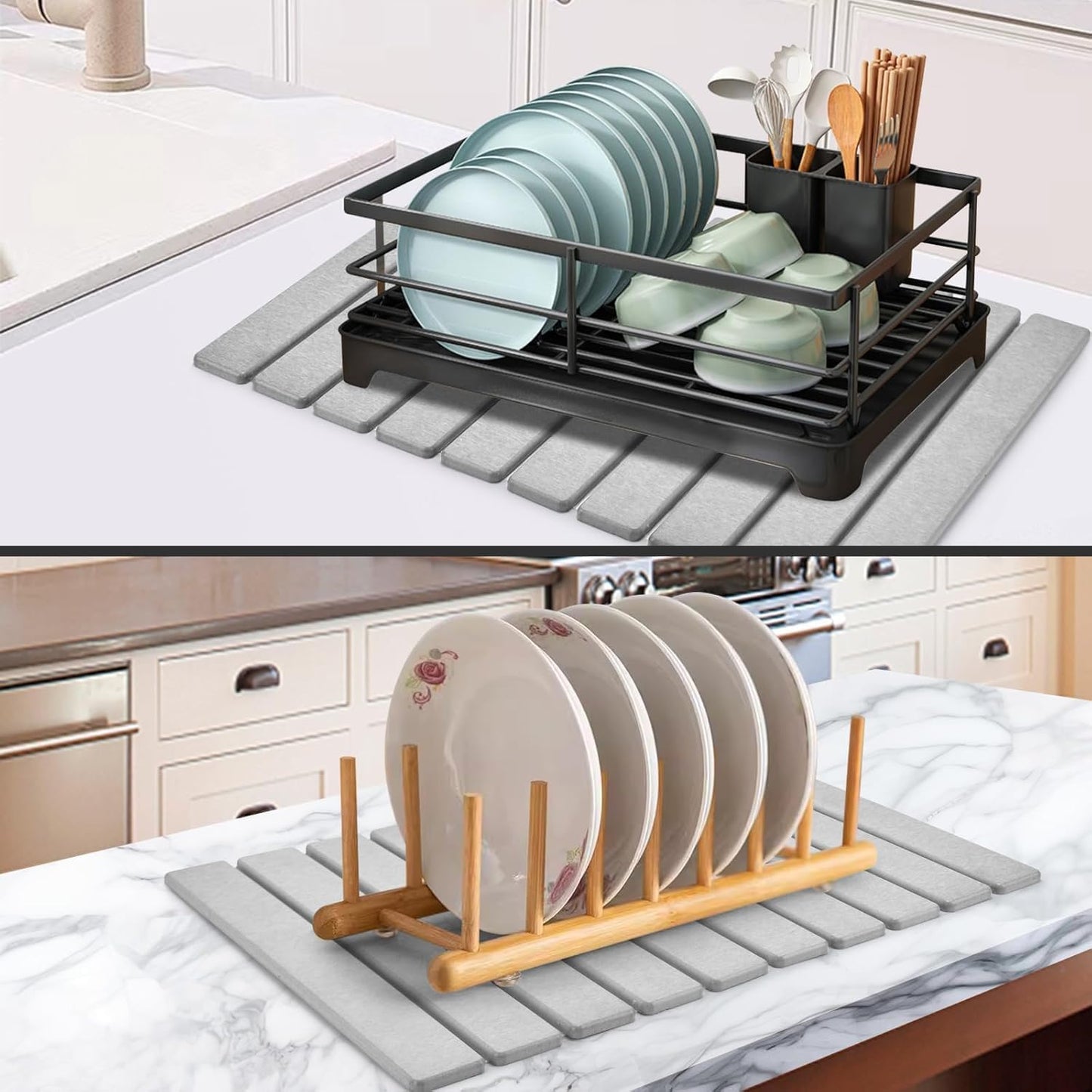 Stone Drying Mat for Kitchen Counter, Stone Dish Drying Mat Foldable, Super Absorbent Diatomaceous Earth Quick-drying Draining Mat for any Kitchen Countertop (Medium Gray B, 23.6”x15.4”)
