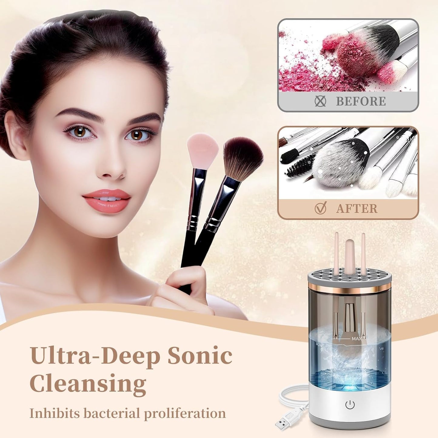Electric Makeup Brush Cleaner, Quick Efficient Machine for Deep Cleaning All Types of Brushes, Portable Compact Design for Travel Home Use, for Makeup Lovers & Professionals - Red