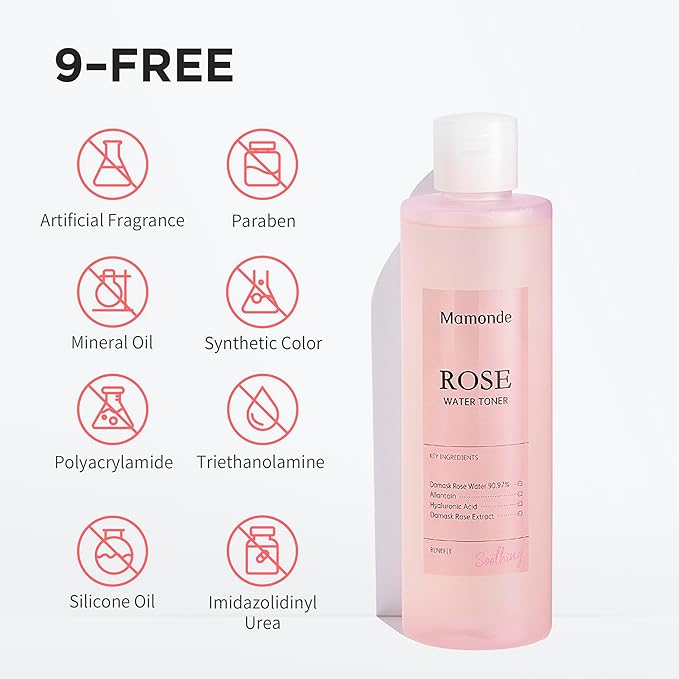 Mamonde Rose Water Vegan Toner for Face - 90.97% Pure Rosewater, Organic Certified, Soothing and Hydrating, Alcohol-Free, Korean Skin Care, 8.45 Fl Oz