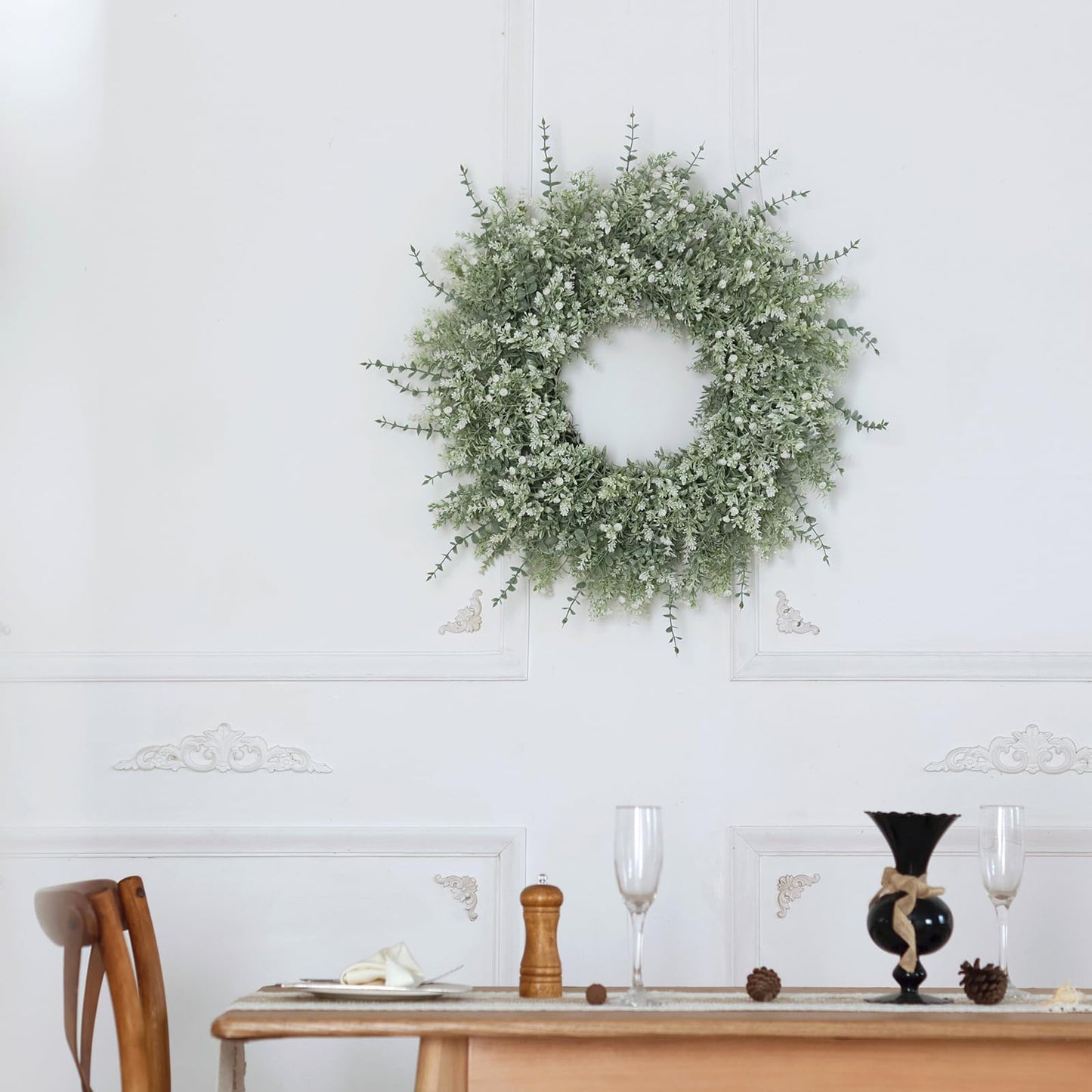26'' Large Eucalyptus Wreath for Front Door, Porch- Artificial Eucalyptus and Lavender with Babys Breath Flowers Wreath for Home, Farmhouse Wall Decor- Spring, Summer, Fall, All Seasons (White-Green)