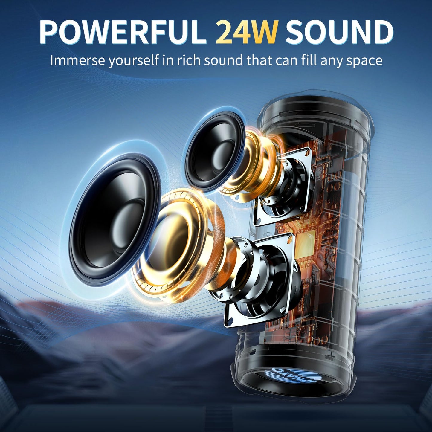OHAYO Portable Bluetooth Speaker - IPX7 Waterproof, Wireless Stereo Pairing, 25-Hour Playtime, 24W Loud Sound, Bluetooth 5.3, Bass Boost, LED Lights, for Home/Shower/Outdoor/Beach/Travel, Gift Ideas