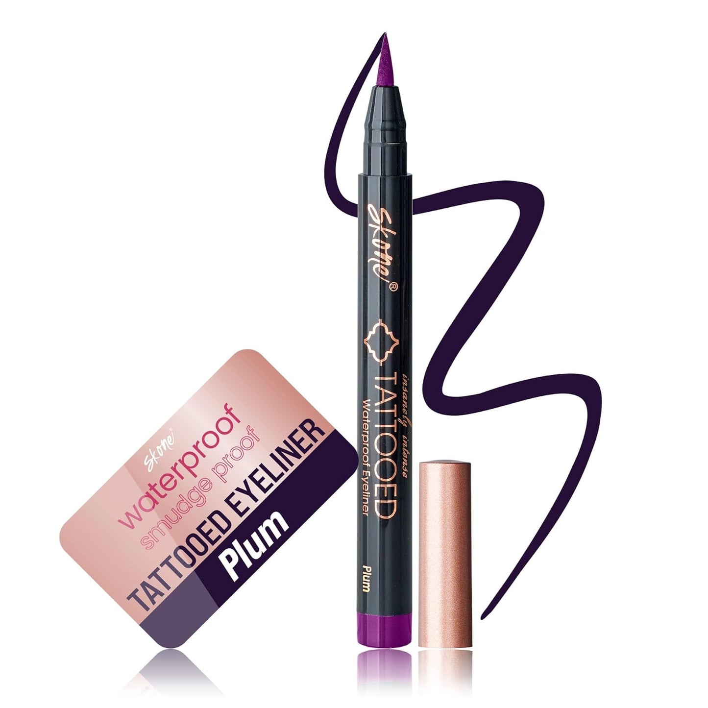Skone Waterproof Liquid Eyeliner - Long Lasting & Smudge Proof - Insanely Intense Tattooed Eyeliner Pen with Felt Tip Applicator - Plum Black (0.07oz)