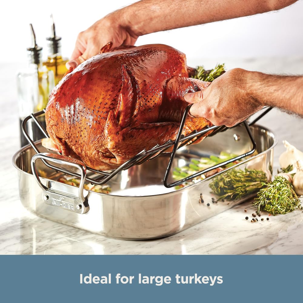 All-Clad Specialty Stainless Steel Roaster and Nonstick Rack 16x13x5 Inch Oven Broiler Safe 600F Roaster Pan, Pots and Pans, Bakeware, Turkey, Silver