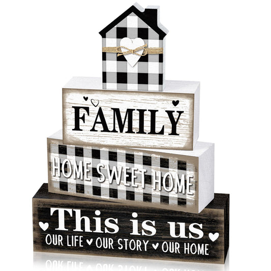 Cinnvoice Farmhouse Wooden Tabletop Decor Rustic Home Sweet Home Table Centerpieces This Is Us Block Sign Black and White Buffalo Plaid Table Decor for Kitchen Shelf Desk Mantel Tiered Tray Decoration