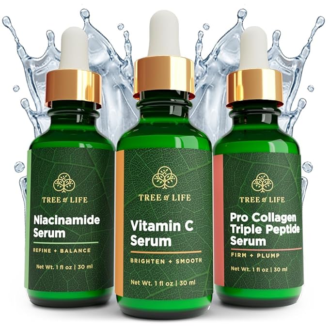 Tree of Life Beauty Skin Care Set, Brightening, Firming, Dry Face, Dermatologist Tested - Complete Hydration Trio, Vitamin C Serum, Niacinamide, Pro Collagen Peptide, 3 count of 1Fl oz