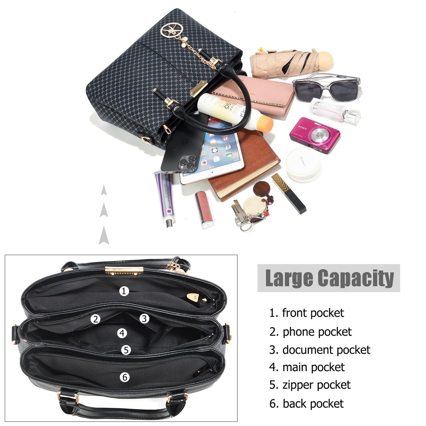 Purse and Handbags for Women, 3 Zip Compartments Tote Bag Designer Shoulder Purse Top Handle Satchel Bags