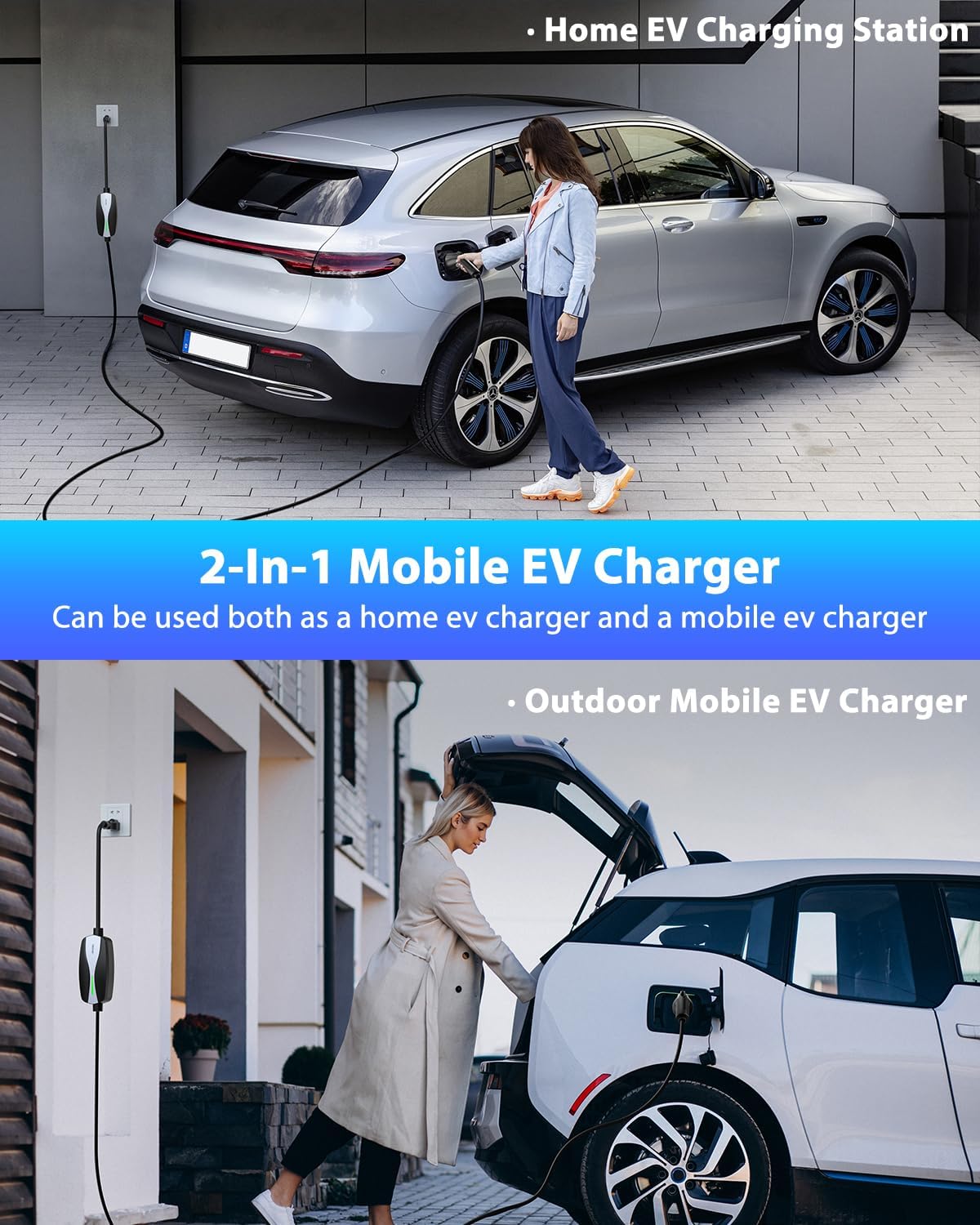 Level 1/2 EV Charger, 16Amp Electric Car Charger 25FT Cable with NEMA 6-20 Plug and NEMA 5-15 Adapter, Home Mobile EV Charging Station for J1772 BEVs/PHEVs 110V-240V(Black)
