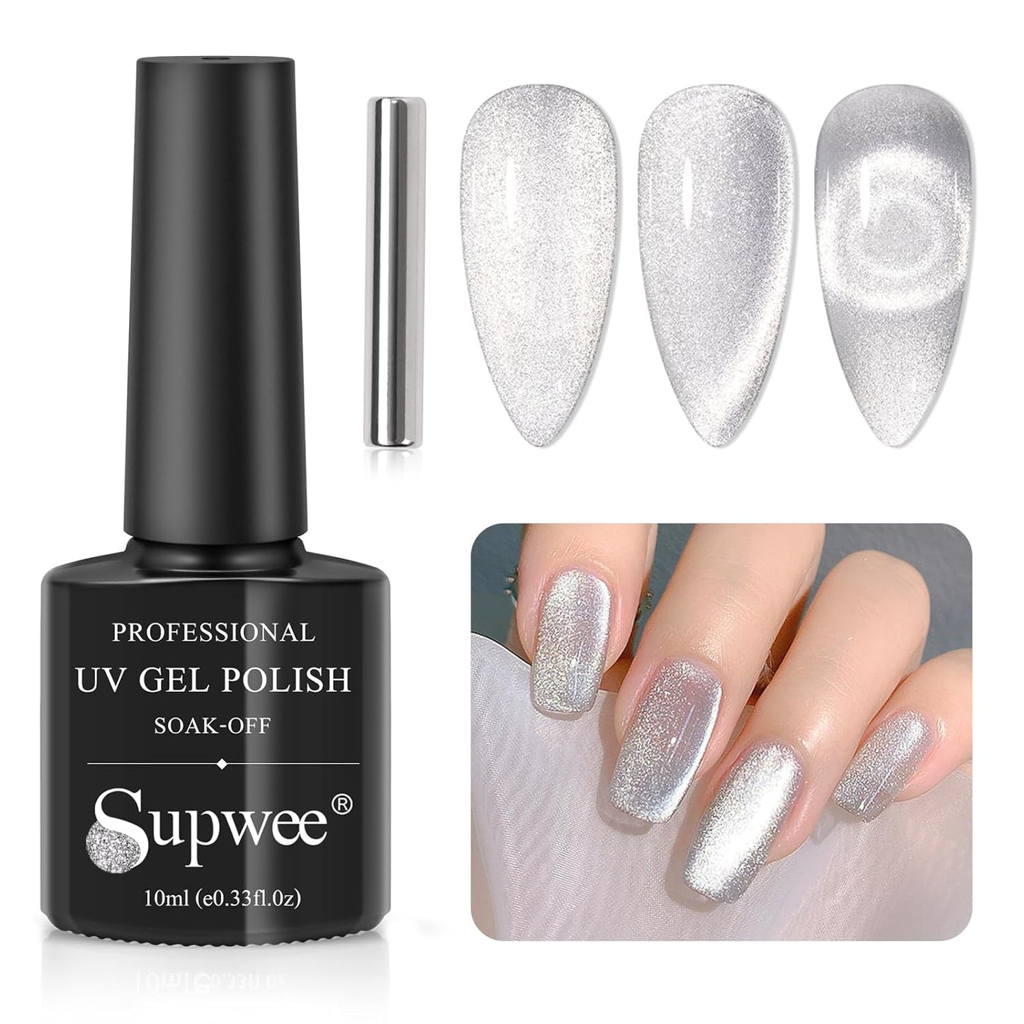10ml Silver Universal Bright Glitter Cat Eye Gel Magnetic Nail Polish Gel Art Manicure DIY at Home Soak Off UV Gel with Magnet