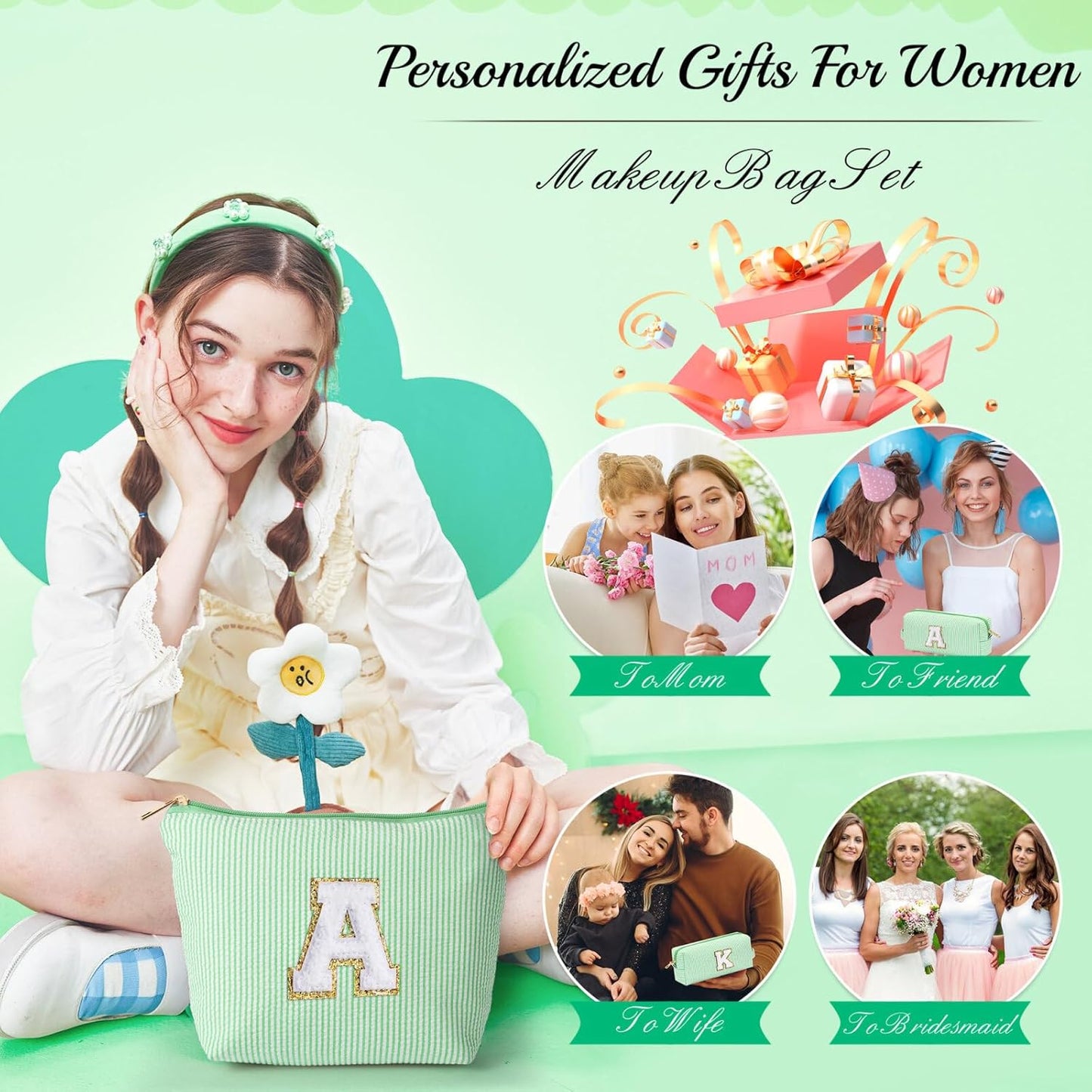 YOOLIFE Initial Makeup Bag for Women - Teen Girl Gifts Trendy Stuff Monogram Cute Makeup Bags Make Up Case for Women Her Best Friend Friendship Sister Teacher, Personalized Birthday Gifts H